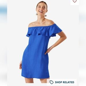 Tommy Bahama Off the Shoulder Ruffle LinenBlend Dress Beaming Blue Size Large